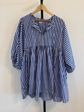 House of Sundar Maya Cotton Mini Striped Blue and White Dress XL Coastal Beach
